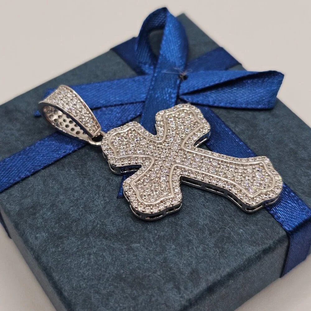 Sterling Silver 925 Rhodium Plated Cross Clear CZ Pendant